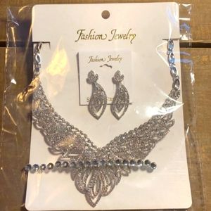 Rhinestone Necklace and Earrings Set - Surgical Steel Posts